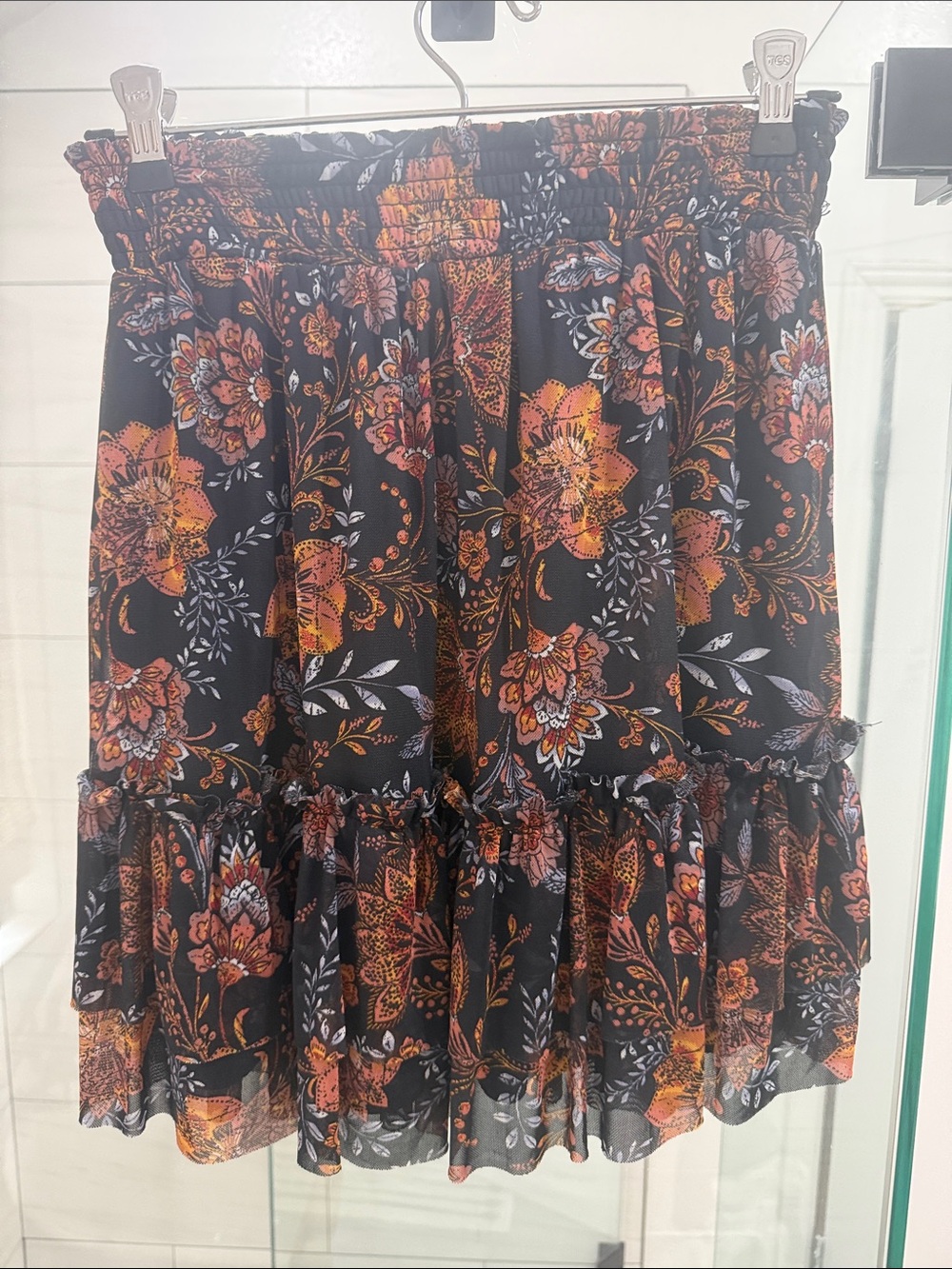 Evereve Black Mini Skirt with Orange Floral Print